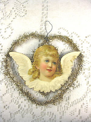 VINTAGE HEART SHAPED TINSEL ORNAMENT DIE CUT ANGEL BLONDE HAIR ...