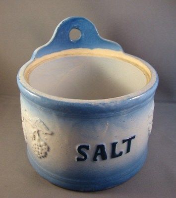 Vintage Blue And White Stoneware Salt Crock Cellar With Grape