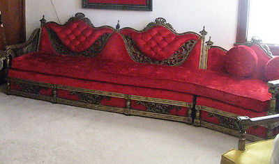 Hollywood Regency Style Vintage Wood & Red Velvet Sectional Sofa