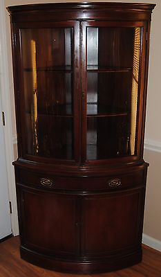 1950s Vintage Bassett Corner China Cabinet With Curved Glass