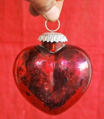 Vintage Old Red Glass Heart Shape 4.5'' Kugel Christmas Ornament ...