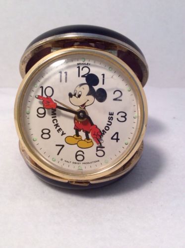 Vintage MICKEY MOUSE Travel ALARM CLOCK - Black Clam Shell - Bradley ...