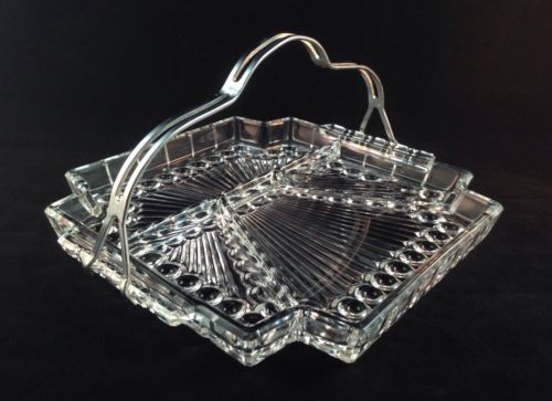 Vintage Art Deco Crystal Four Part Relish Tray Metal Handle Depression ...