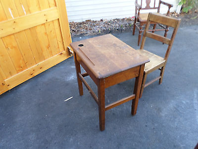 Old Children S School Desk And Chair All Wood With Ink Well Nr