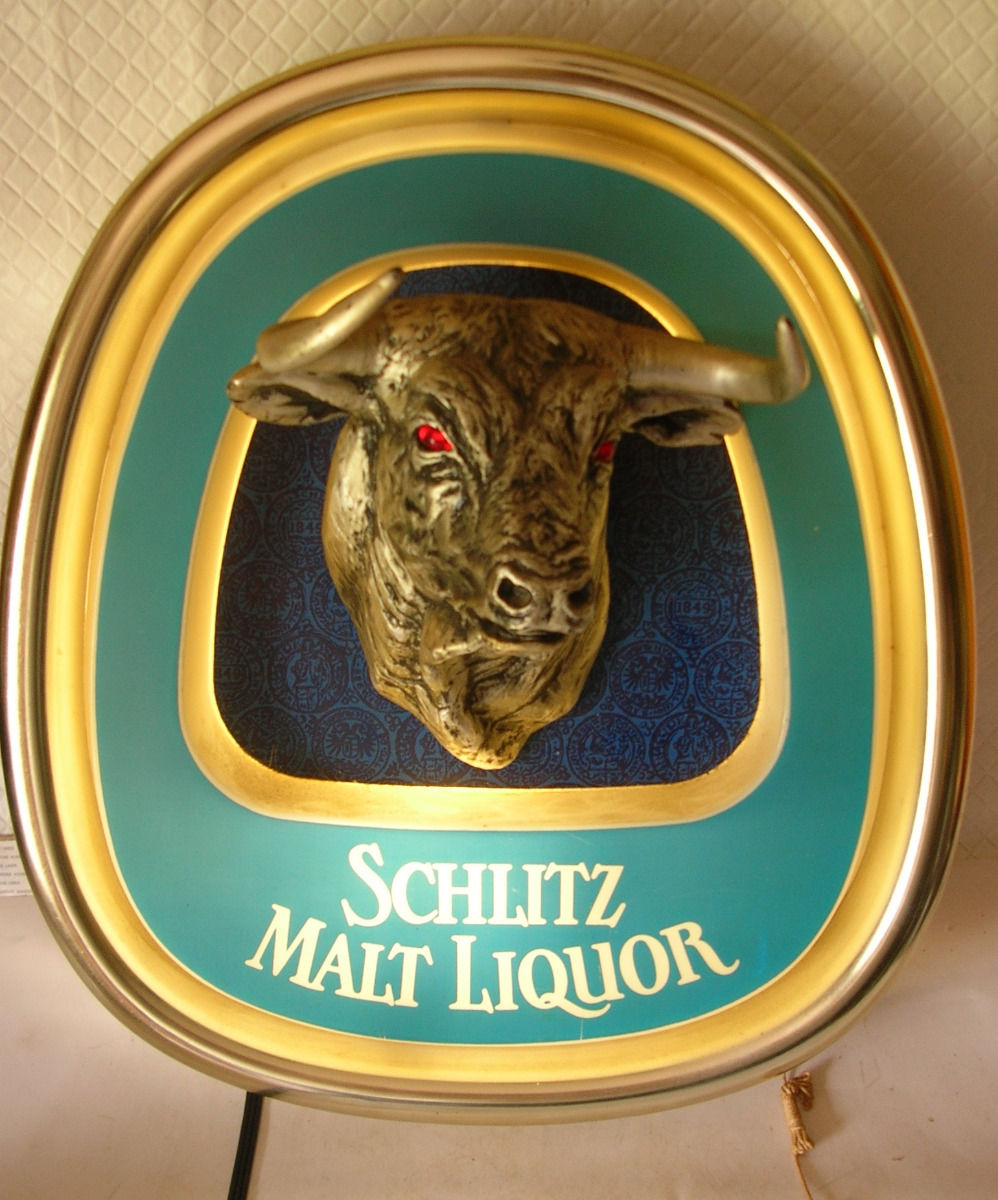 1984 RETRO SCHLITZ MALT LIQUOR 3D BULL BAR PUB SIGN W/ LIGHT UP EYES