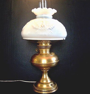 Antique 1900s Brass Electric Rayo Oil Lamp Embossed Eagle Milk Glass Antique 1900s Brass Electric Rayo Oil Lamp Embossed Eagle Milk Glass Shade 21 H