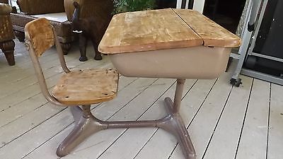 Vintage Antique Wood Iron Children S School Desk With Attached