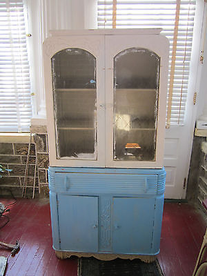 1930 S Art Deco Two Piece Glass Paneled Doors Wood Hoosier Cabinet