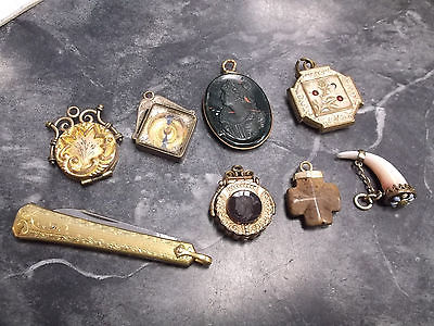 Lot of 8 Antique Gold Filled Pocket Watch Fobs Enamel Locket Knife ...