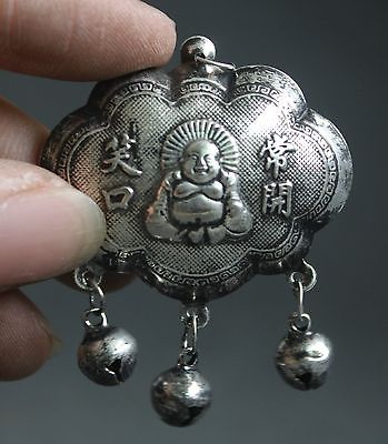 Chinese Miao Silver Maitreya Buddha longevity Safe lock amulet Pendant ...