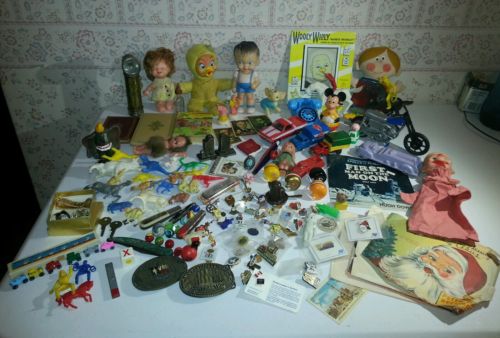 Huge Vintage Junk Drawer Lot Toys Dolls Knives Buckles Pins Collectibles Antique Antique