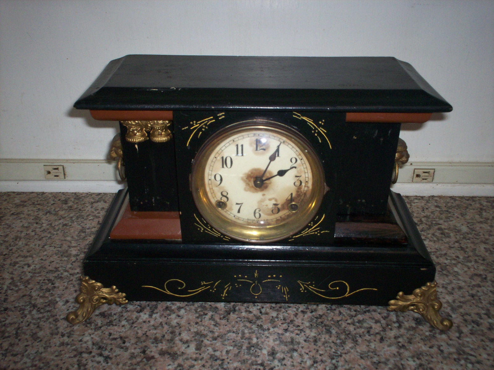 Antique Double Column Lion's Head Mantle Wind Up Clock Parts or