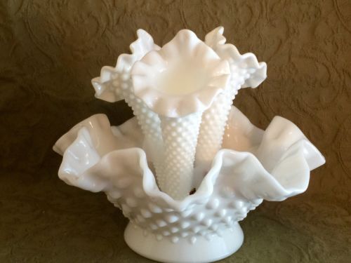 Vintage Fenton White Milk Glass 3 Horn 4 Piece Hobnail Epergne Vase Set Ruffle Antique Price