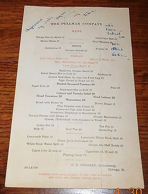 1923 Pullman Railroad First Class Dining Car Menu -- Antique Price ...