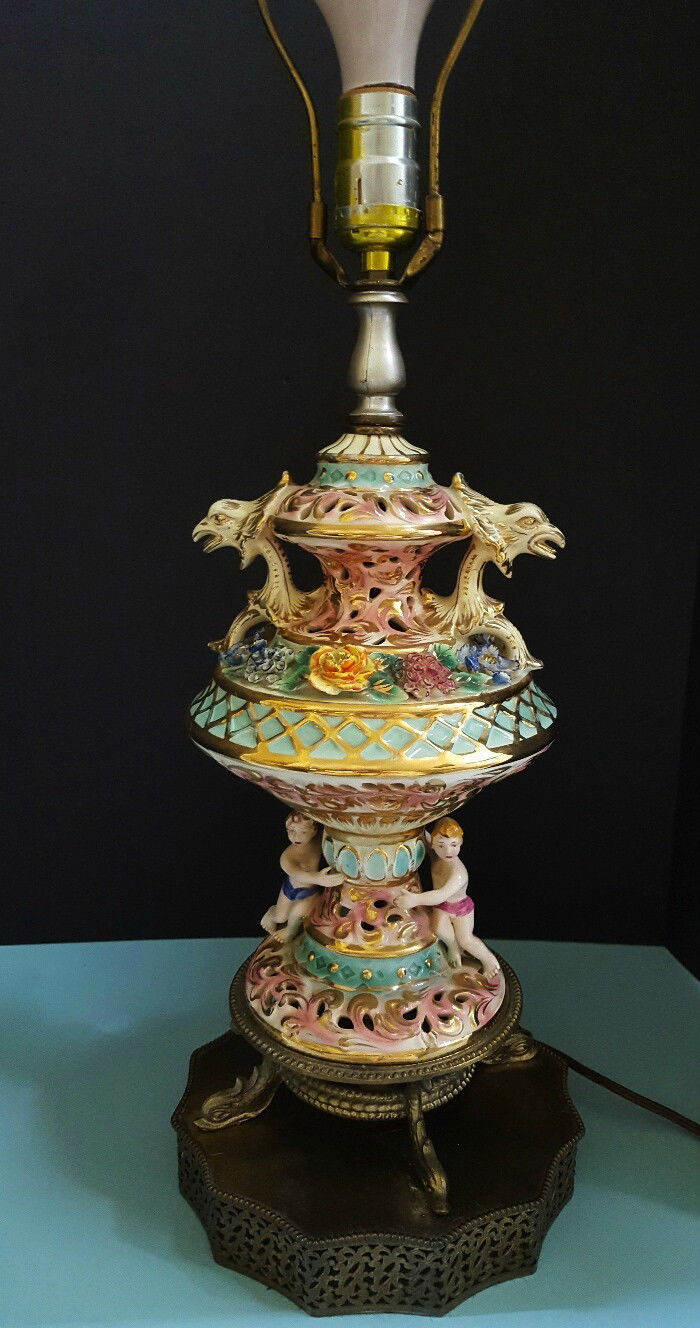 Signed Antique Italian Capodimonte Lamp Cherubs Putti Dolphins Base Eagle Hawks Antique Price