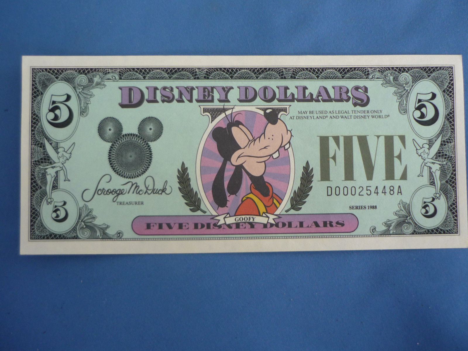 GOOFY Disney DOLLARS 5 Bill 1988 Uncirculated FIVE DISNEY DOLLAR A