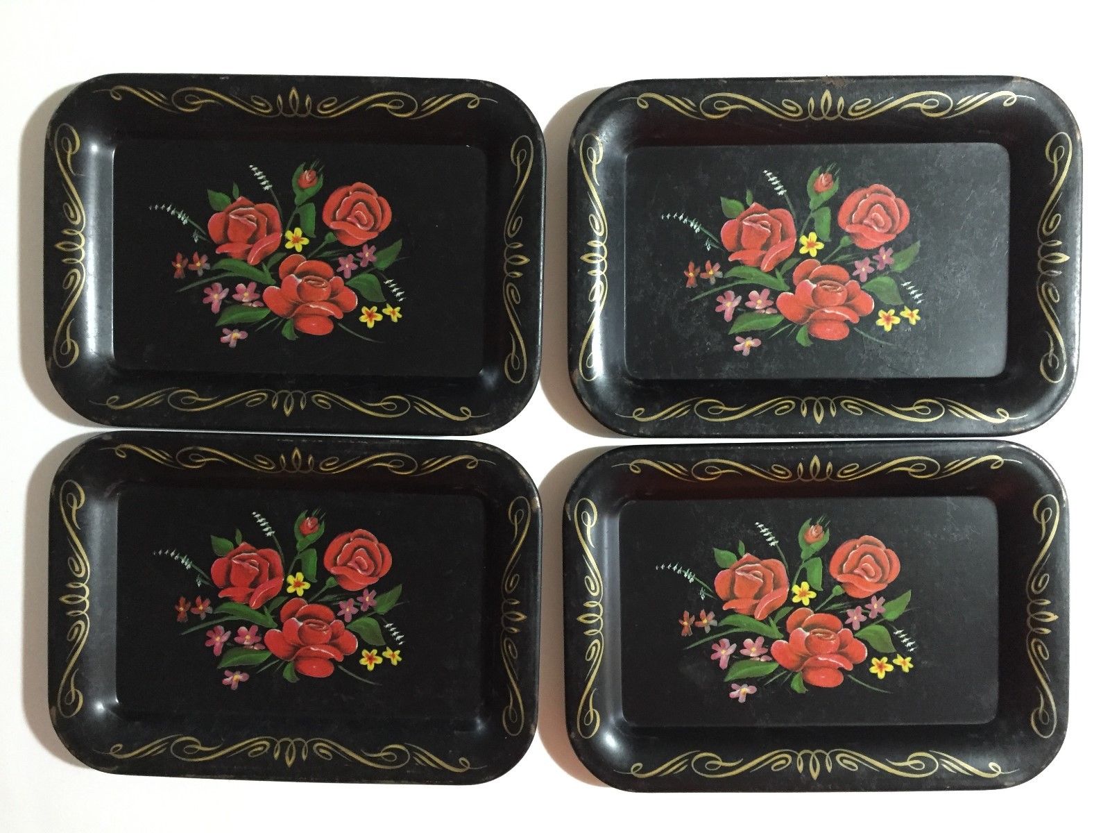 Vintage Tole Trays Metal Tin Black Hand Painted Floral Design Serving