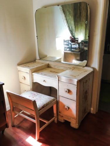 Vintage Antique Vanity And Mirror And Bench Set From 1930s Art