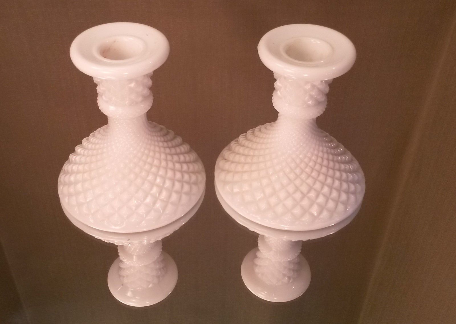 Diamond Hobnail Spiral White Milk Glass MidCentury Candle Holders Pair