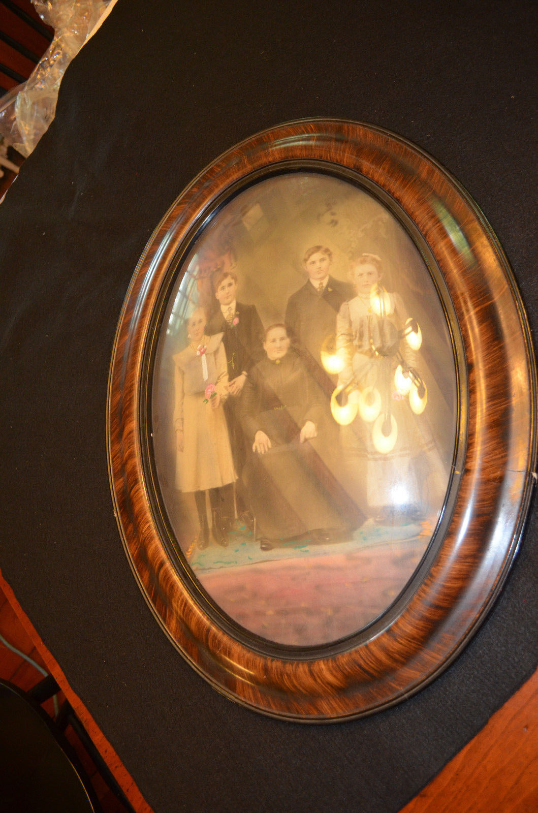 Vintage Hand Colored Photo in Wood Oval Bubble Glass Frame Antique