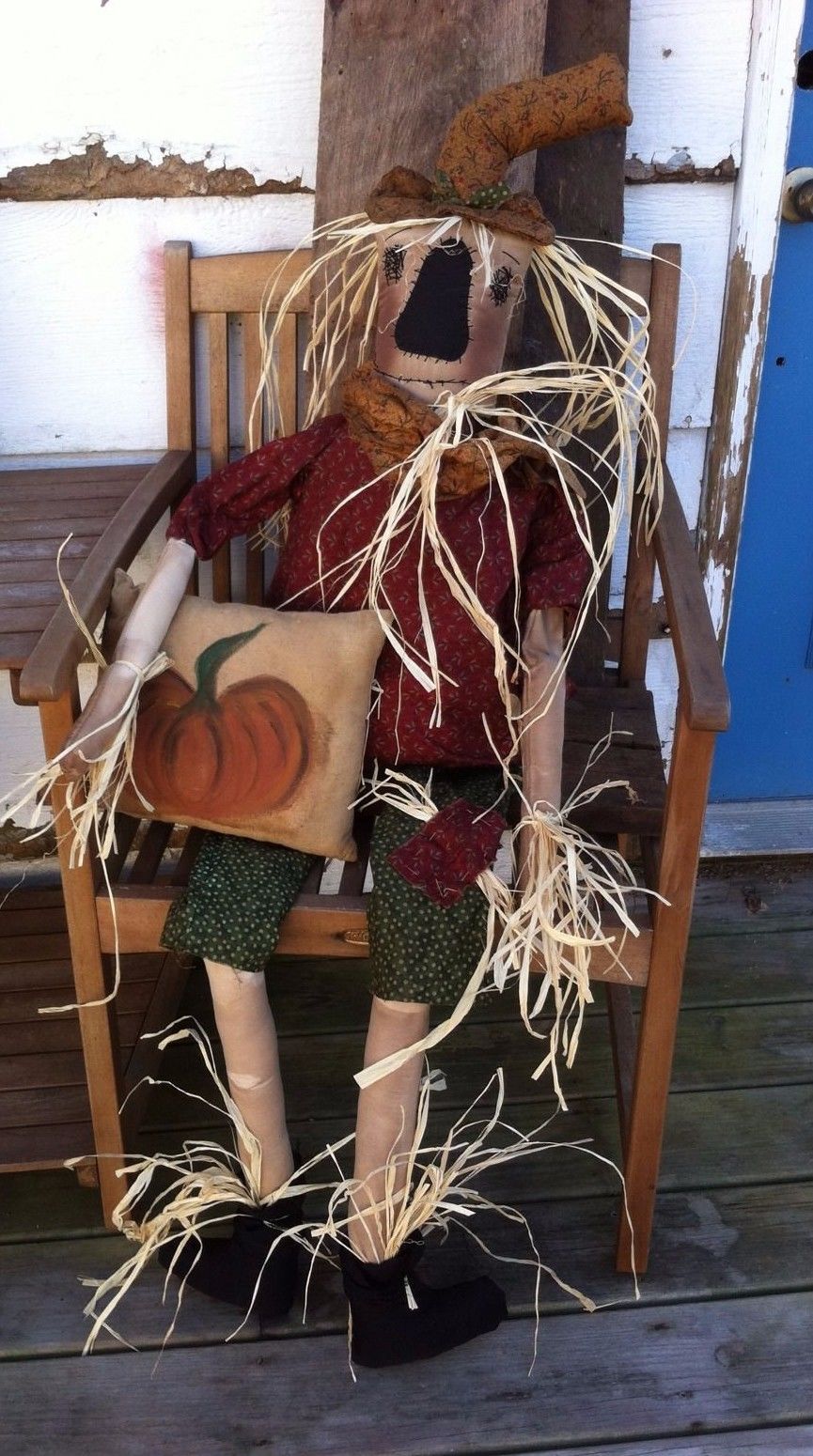 Primitive folk art Scarecrow porch chair barrel doll pumpkin Pillow ...