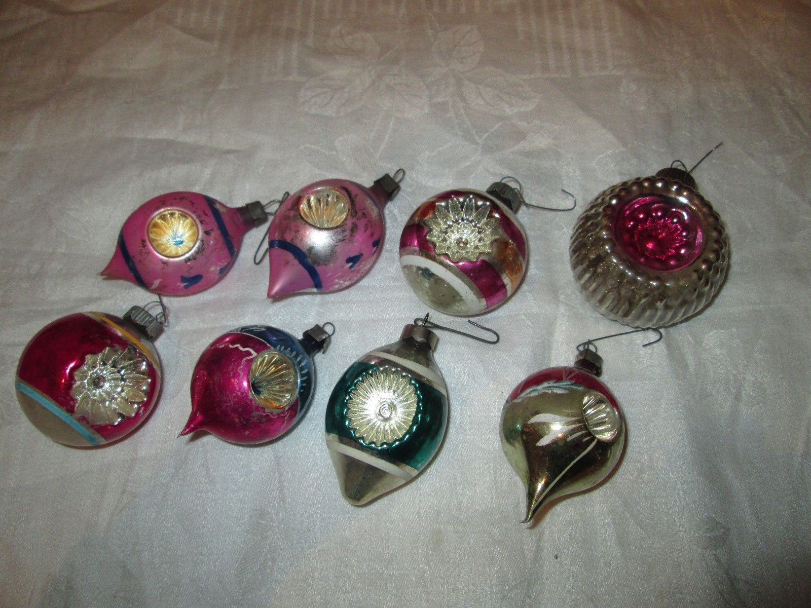 8 Vintage Christmas ornaments shiny brite glass double indented