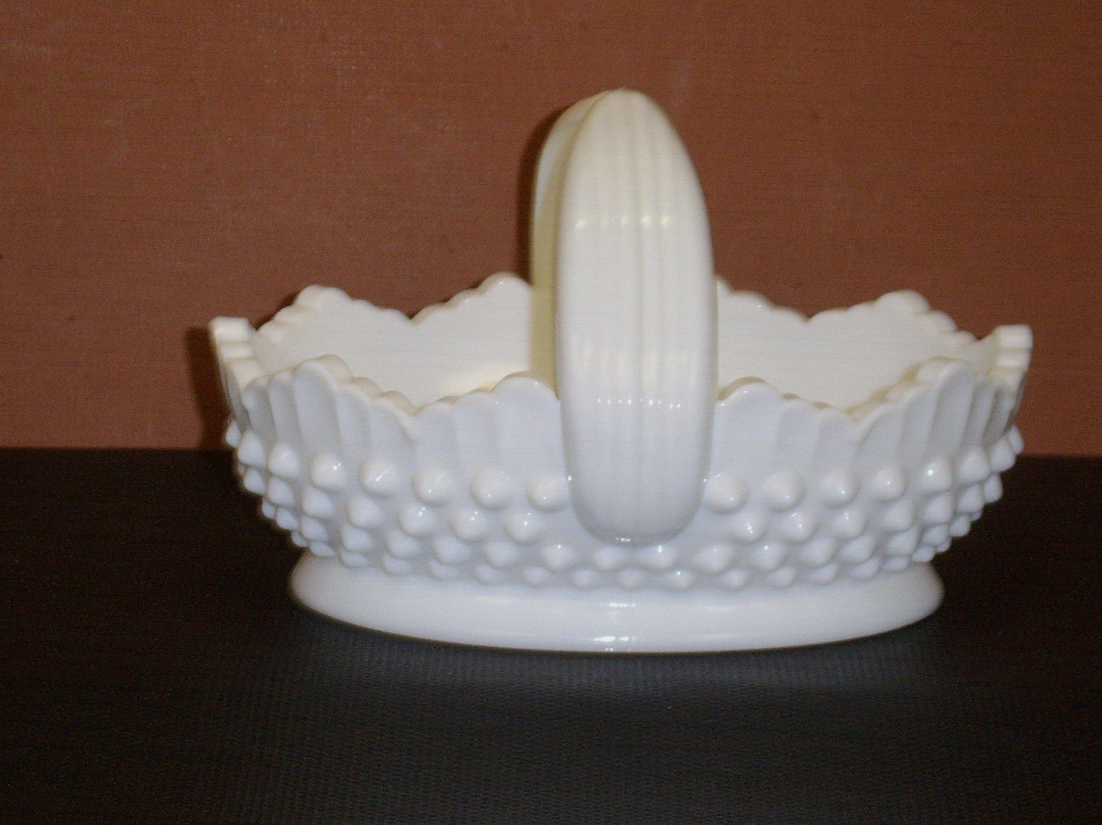 Fenton White Milk Glass Hobnail 3838 MI 6.5" Oval Basket Ribbed Handle