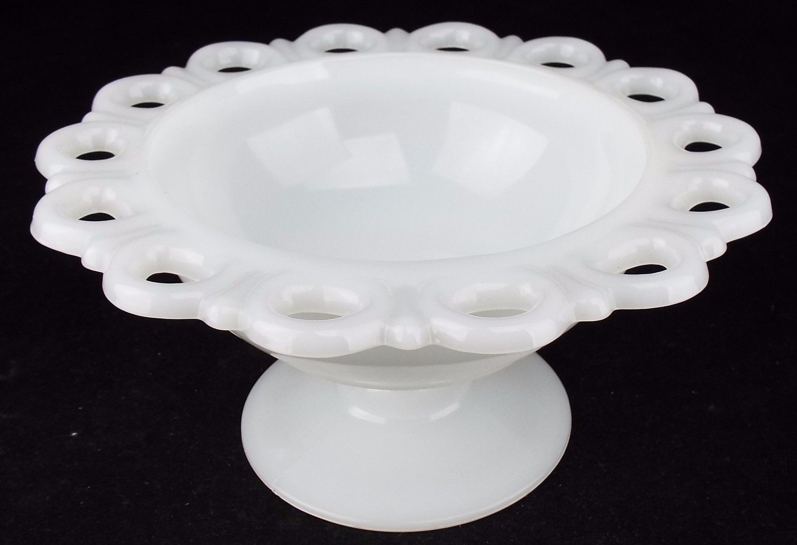 White Milk Glass Pedestal Bowl Compote Planter Vase Open Lace Trim
