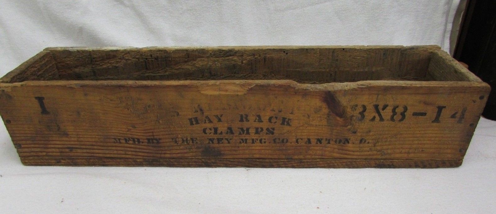 Antique Primitive Wood Advertising Box Hay Rack Clamps Ney Canton Ohio