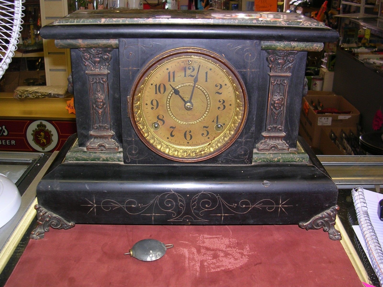 ANTIQUE SETH THOMAS ADAMANTINE MANTEL CLOCK WITH LIONS HEADS REPAIR