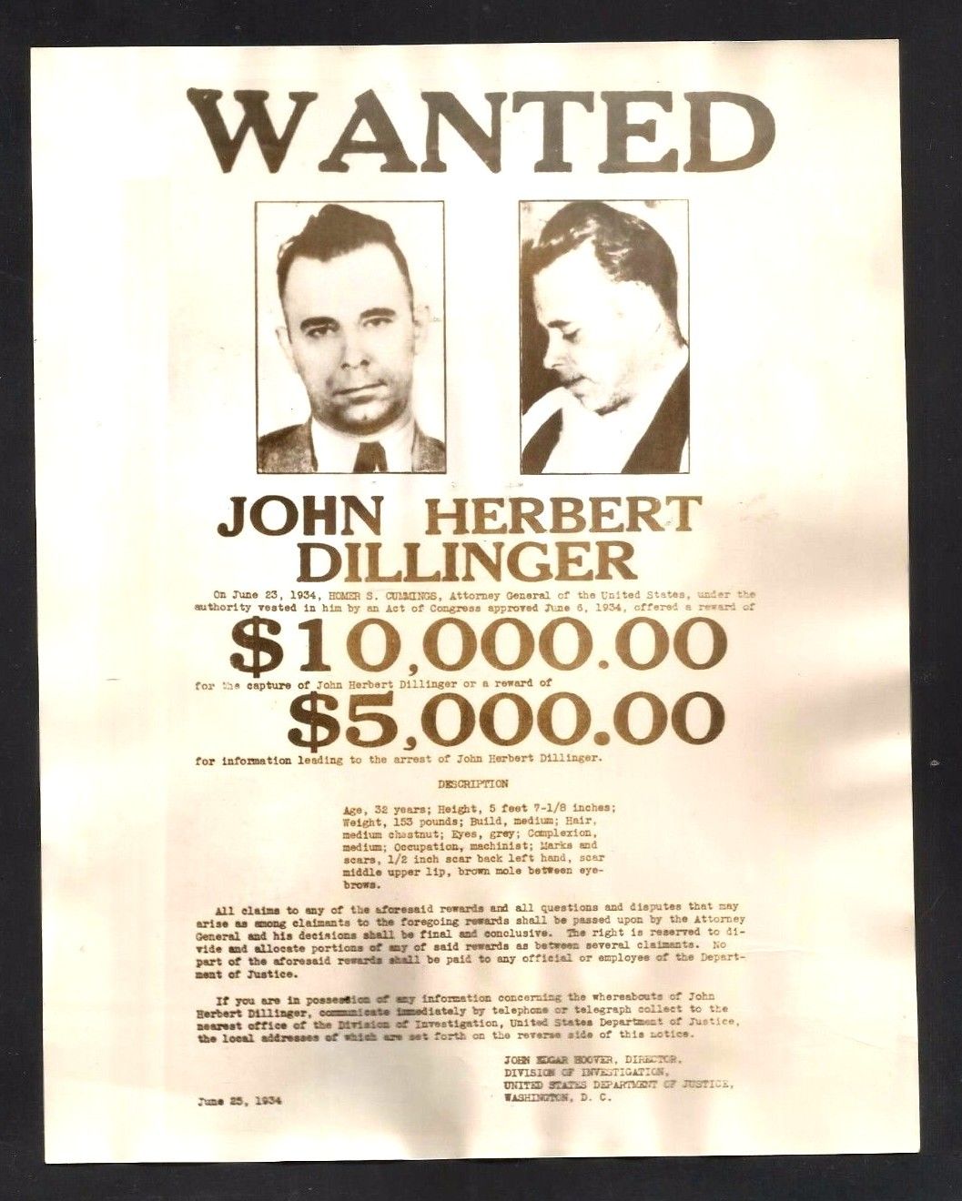 1934 Wanted Poster John Herbert Dillinger *361 -- Antique Price Guide ...