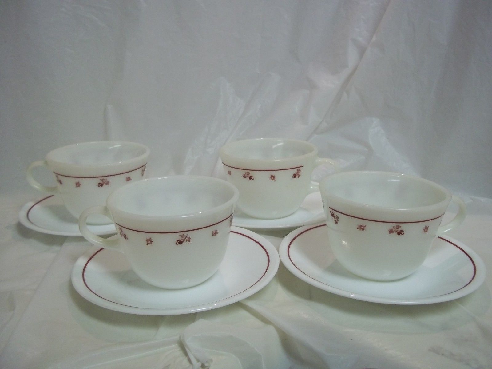 Corning Pyrex Corelle Burgundy Milk Glass Cups and Saucers Set of Four