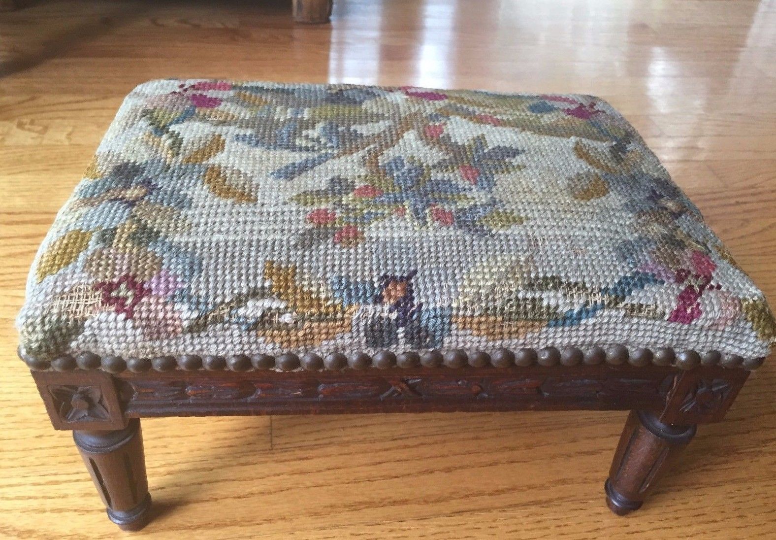 Antique small Needlepoint Tapestry Carved Wood Footstool Stepstool