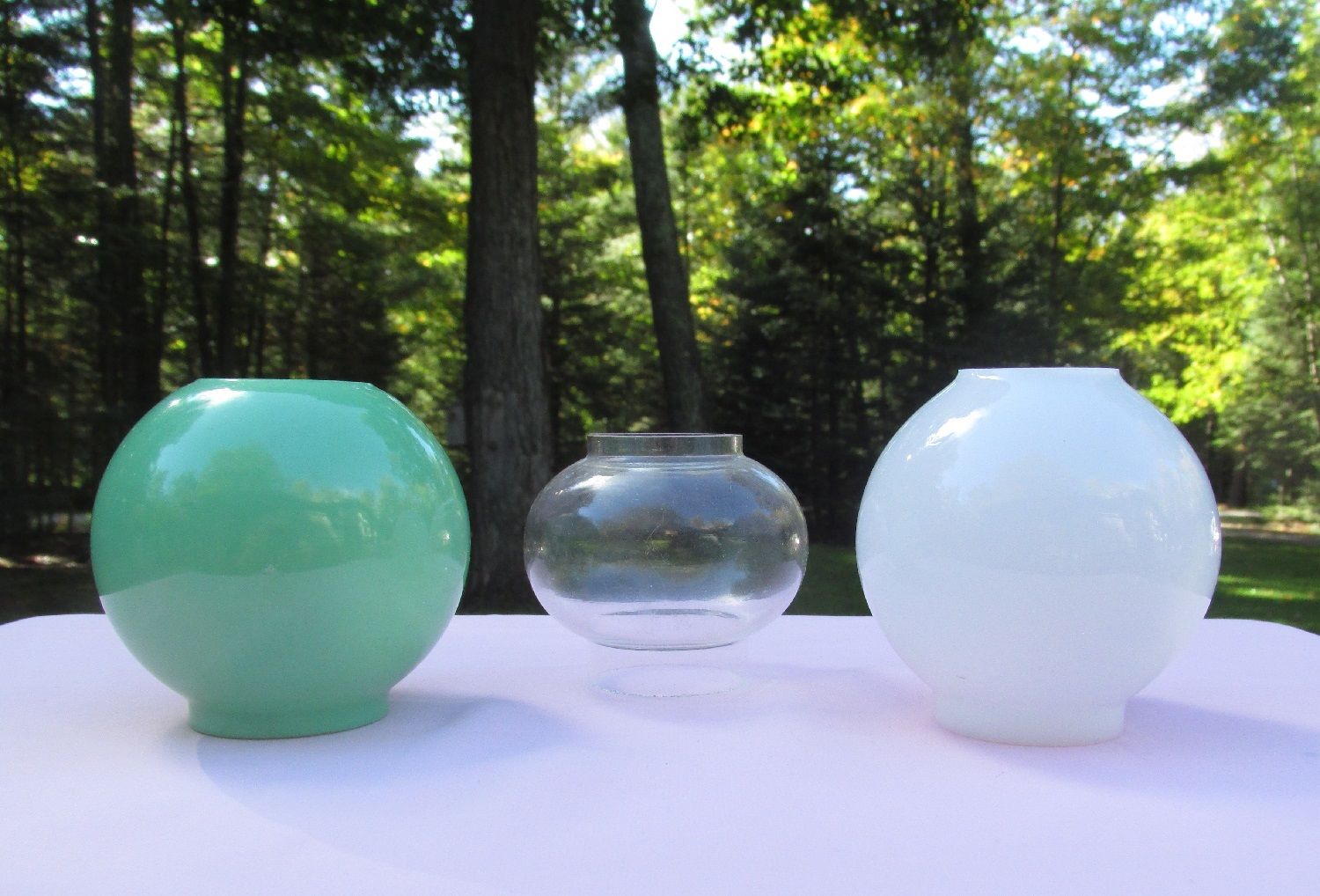 THREE ANTIQUE VINTAGE MINIATURE OIL LAMP GLOBES MILK GLASS, CLEAR