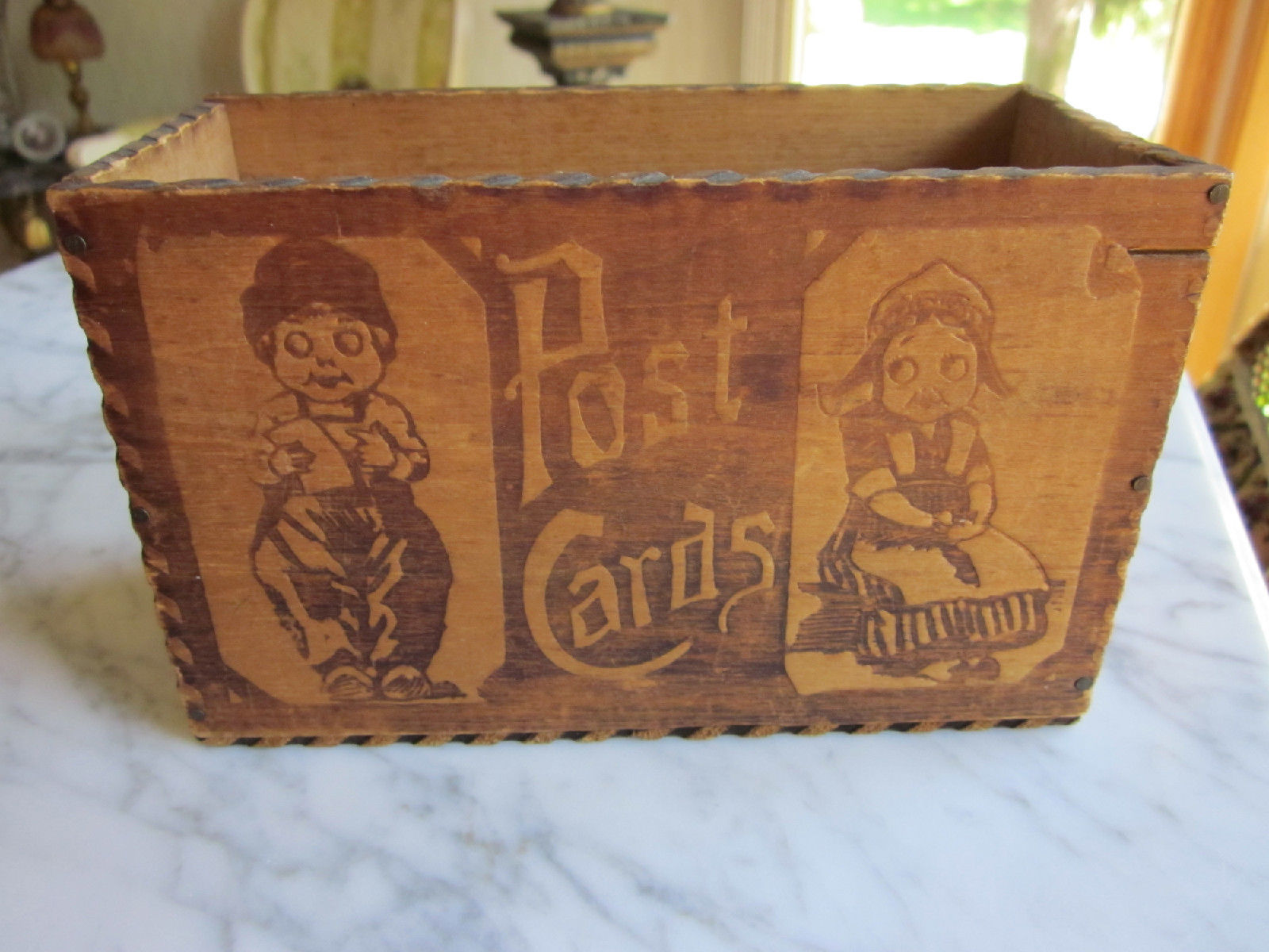 Antique Pyrography Flemish Art WOOD PostCard Storage Box Dutch Children VINTAGE Antique Price