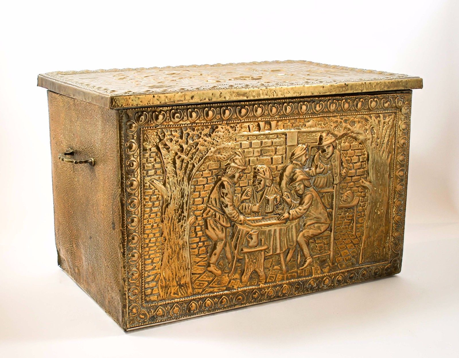 Vintage large brass coal box/log holder/chest embossed pub scene
