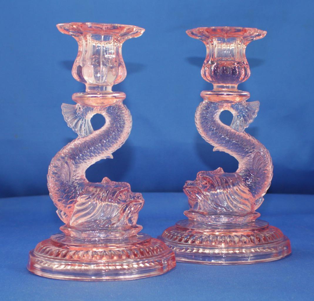 PAIR Of VINTAGE PINK DEPRESSION GLASS DOLPHIN KOI FISH 8 CANDLE diy-candle-holders-homey-oh-my