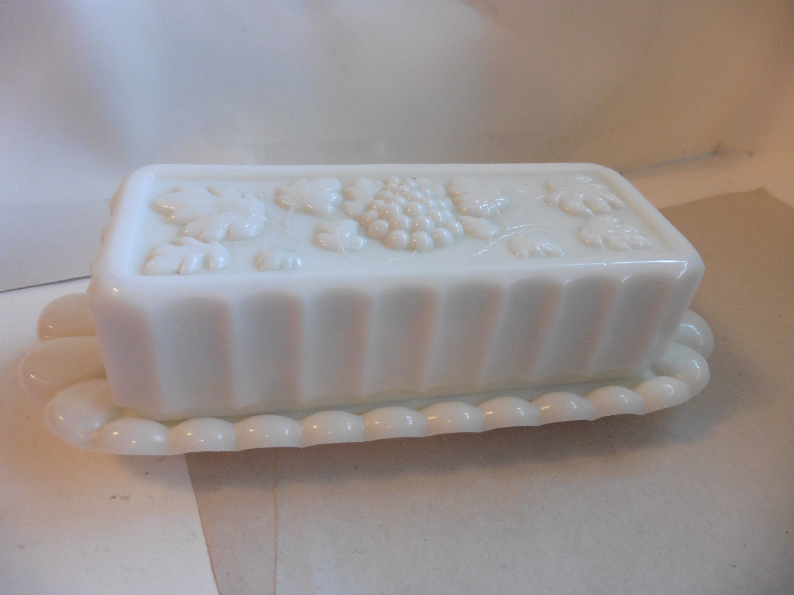 Westmoreland White Milk Glass Paneled Grape & Leaf Covered Butter Dish
