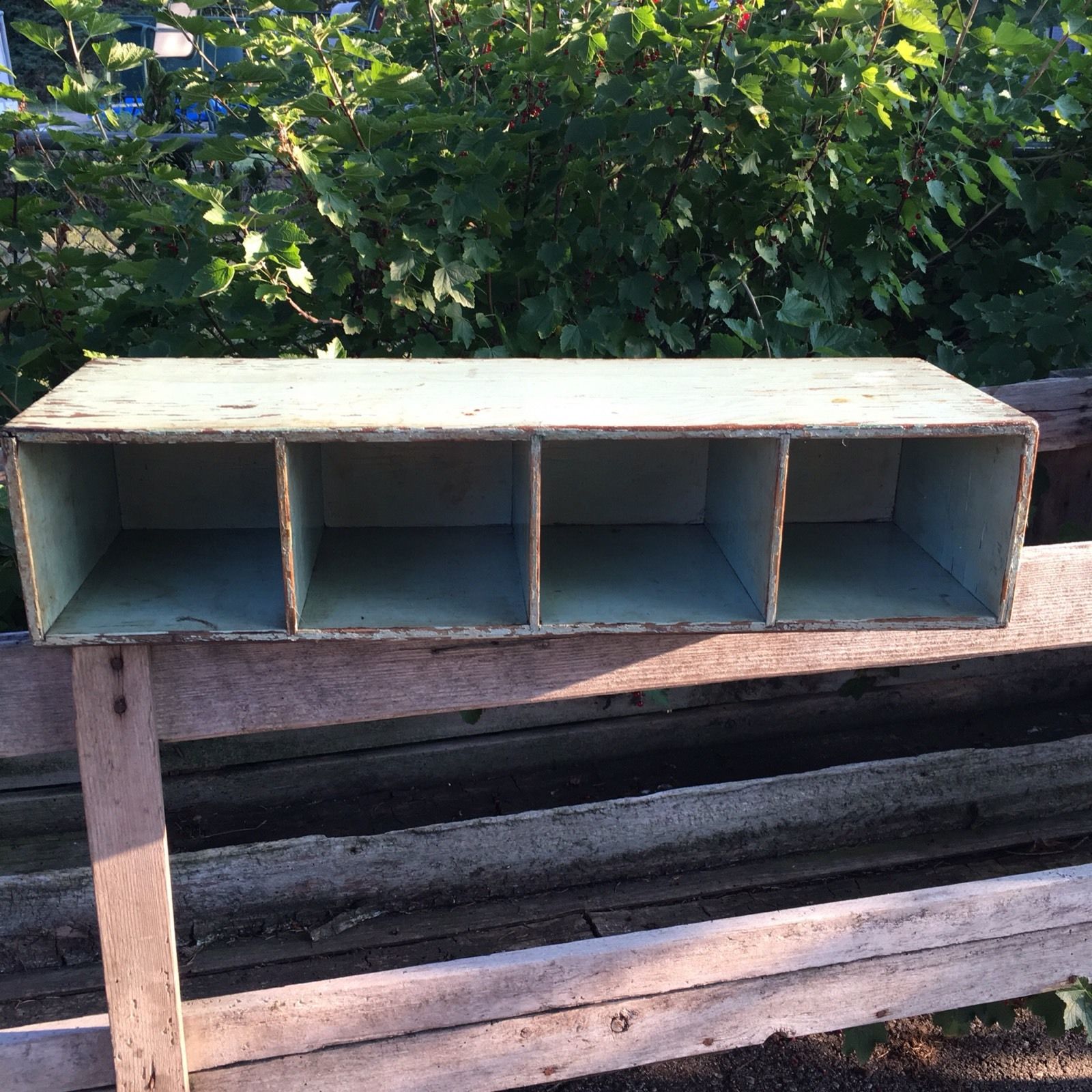 VINTAGE WOOD WORKBENCH SHELF CUBBY PRIMITIVE SHELF OLD PAINT 4 PART