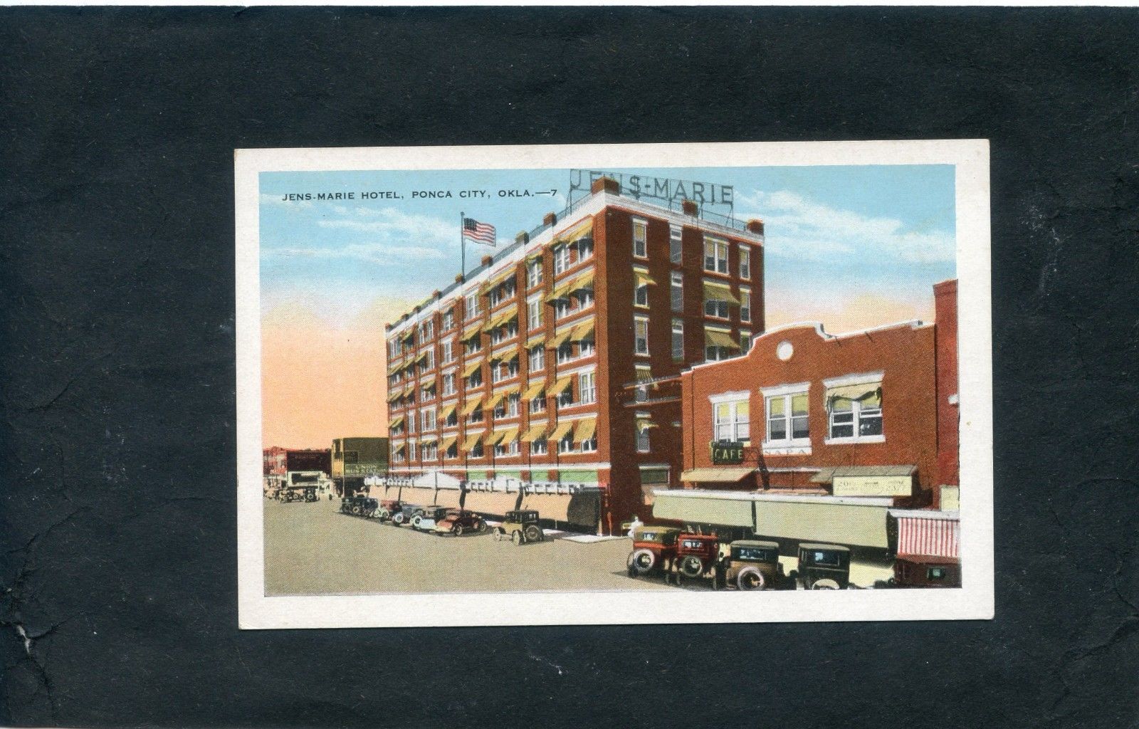 Ponca City Oklahoma, 1920's postcard, JensMarie Hotel, lots of cars