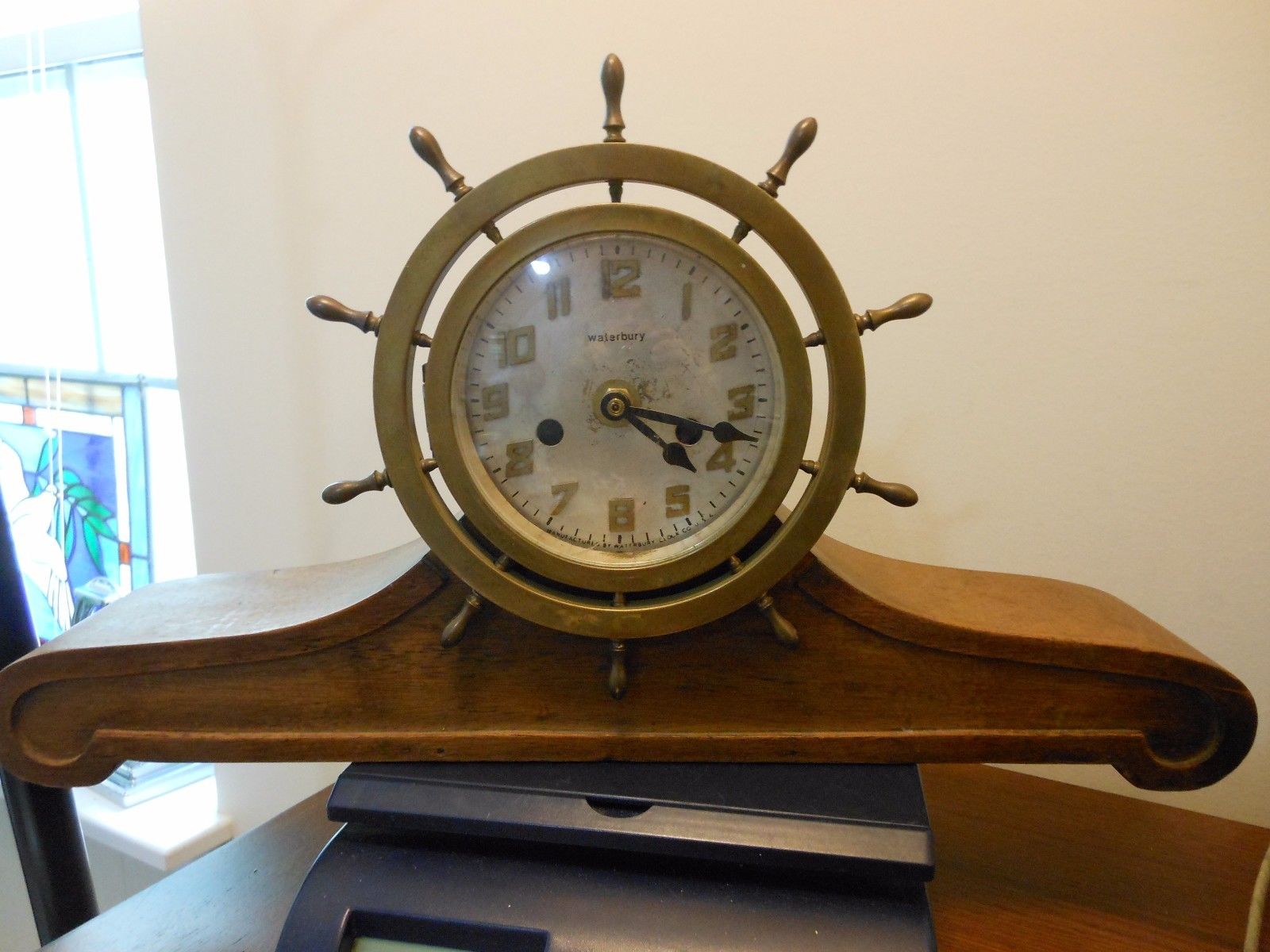 BEAUTIFUL ANTIQUE WATERBURY 1927 SHIPS BELL MANTLE CLOCK BRASS WOOD