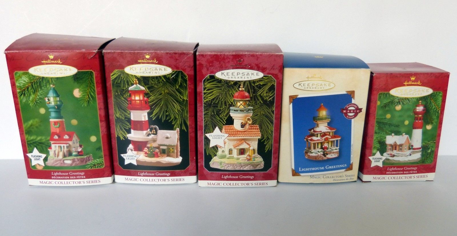 SET OF 5 HALLMARK KEEPSAKE LIGHTHOUSE GREETING ORNAMENTS MAGIC