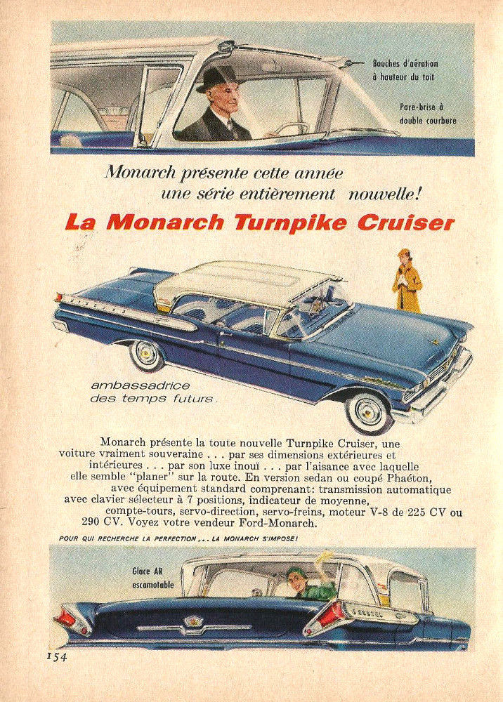 1957 FORD MONARCH TURNPIKE CRUISER AUTOMOBILE ORIGINAL ERA AD IN FRENCH