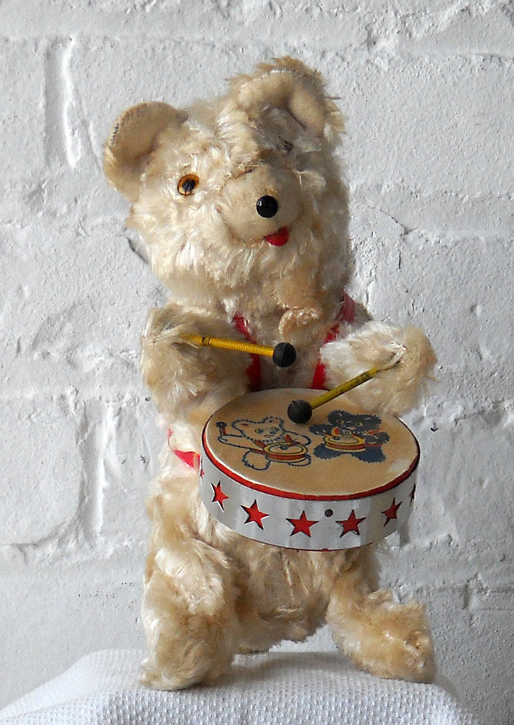 Antique Mechanical Wind Up Toy Teddy Bear Playing Drum Vintage Japan