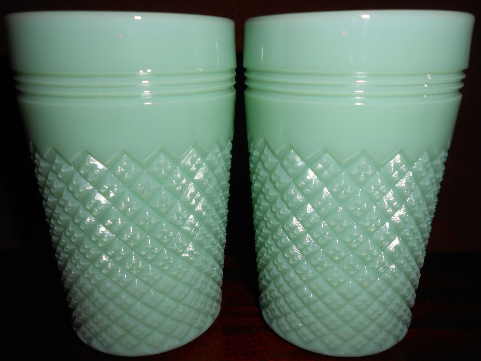 pair of Jadeite green milk glass diamond pattern tumbler cups goblet