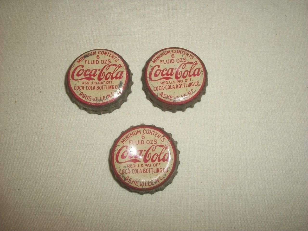 3 Coca Cola Soda Bottle Cap Lid Cork Lined Asheville NC Antique