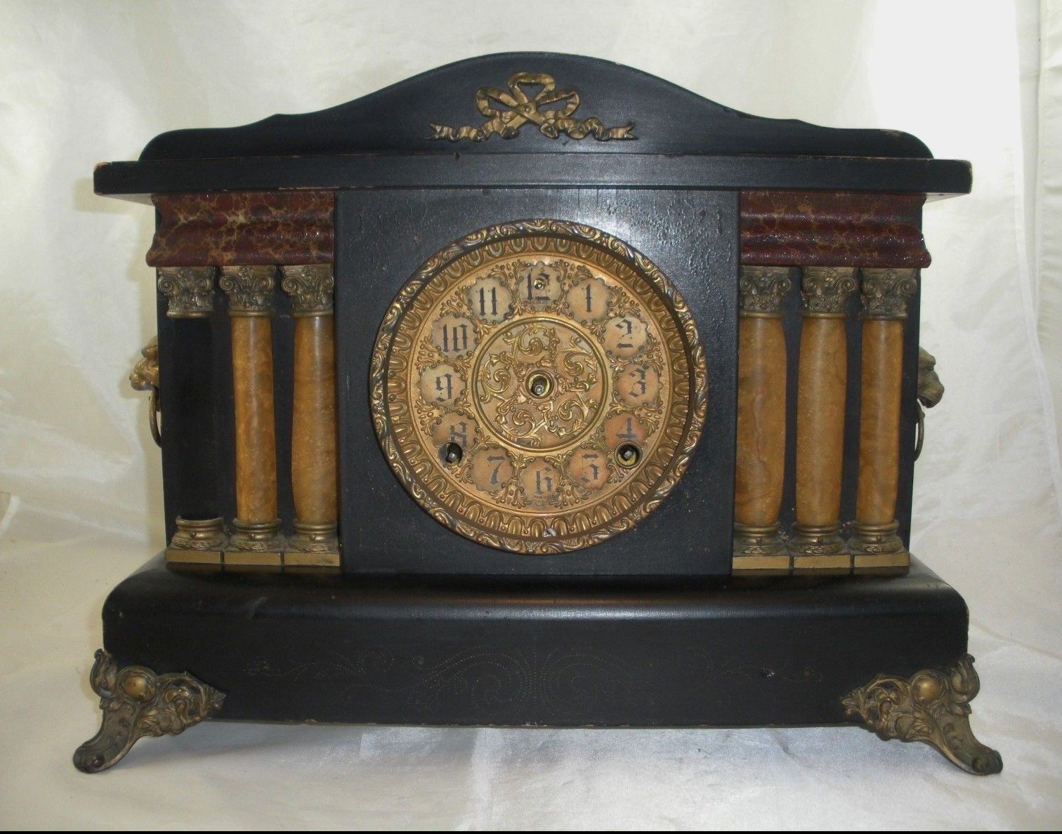 Antique Sessions Mantel / Shelf Clock w/ Lions Heads for Parts or
