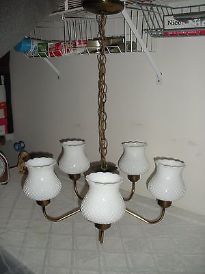 Vtg Hobnail White Milk Glass 5 Globed Arm Hanging Chandelier W Vtg Hobnail White Milk Glass 5 Globed Arm Hanging Chandelier W Antique Brass Vg
