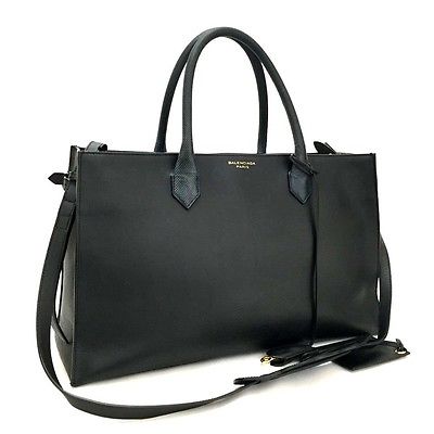 Auth BALENCIAGA Padlock Nude Work Black Leather Tote Bag w/Shoulder