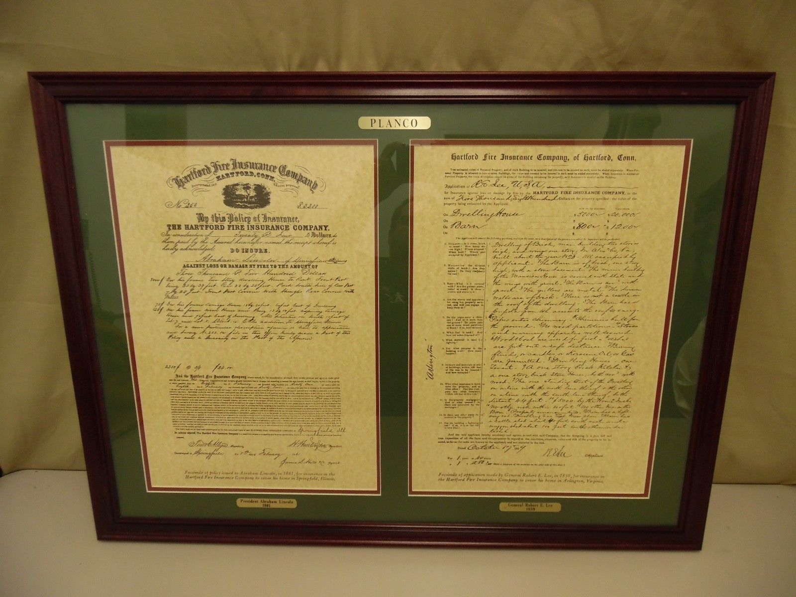 Abraham Lincoln & Gen Robert E Lee Framed Hartford Insurance Policy